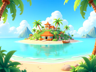 Obraz premium Summer seaside travel vacation illustration background, Beginning of Summer solar term natural scenery seaside vacation activities