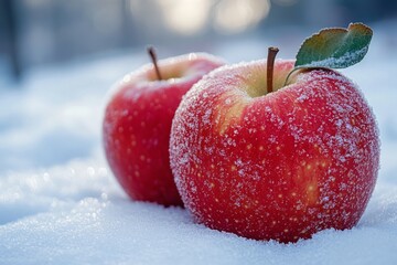 Two frozen red apples lie on a bed of fresh snow in the soft sunlight of a winter morning