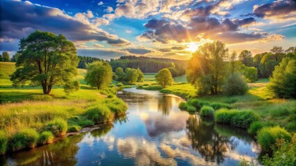 Fototapeta premium Serene Sunset Landscape River Reflecting Golden Hour Sky and Lush Green Meadows
