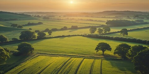 Naklejka premium Flying drone captures stunning aerial views over lush green fields during golden hour in tranquil countryside.