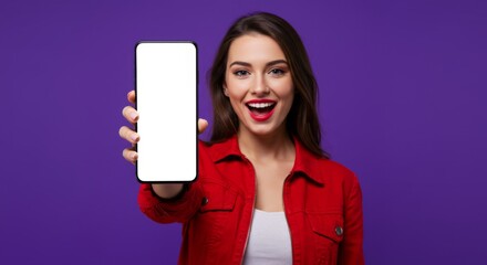 Smiling woman displaying smartphone with blank screen on vibrant background