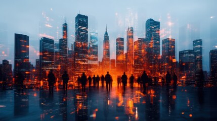 Silhouetted Figures Before a Cityscape at Dusk