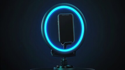 Smartphone in a blue ring light on a dark background.