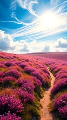 Obraz premium Serene Path through Vibrant Heather Field