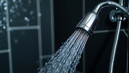 Close-up of a modern chrome handheld showerhead in use, with fine water jets, against a dark tiled wet wall, showcasing sleek design and reflective metal.