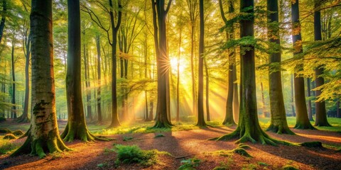 Golden Sunlight Illuminating a Mystical Forest Scene with Sunbeams Piercing Through the Canopy, Casting a Magical Glow on Mossy Tree Trunks and Lush Undergrowth