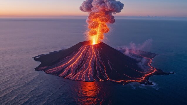 Dramatic volcanic eruption captured at sunset over ocean gigapixel scale nature aerial view breathtaking scene