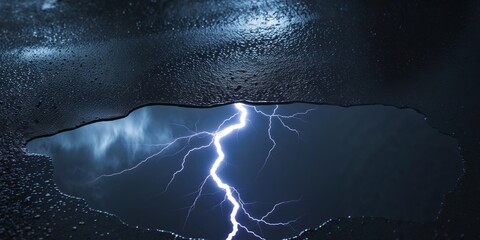 Dramatic Lightning Reflection in Puddle on Dark Asphalt Surface