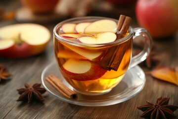 Glass cup of hot apple tea with cinnamon sticks and star anise, creating a cozy autumnal scene