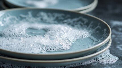 Close up of Soapy Water Bubbles on Stacked Teal Dinner Plates