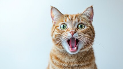 Obraz premium Surprised ginger tabby cat with wide open mouth in a funny expressive expression