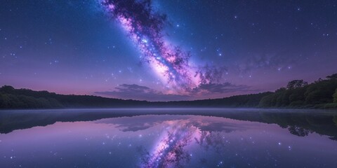 Purple and Blue Galaxy Landscape with Lake Reflection.