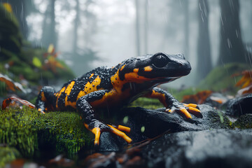 Fototapeta premium A green amphibian, a wild frog, on wet earth and rock, a macro view of nature