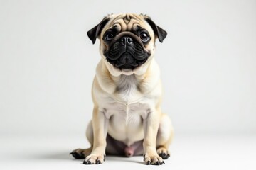 Obraz premium Adorable pug dog sits alone against white background, brown pug, isolated pet