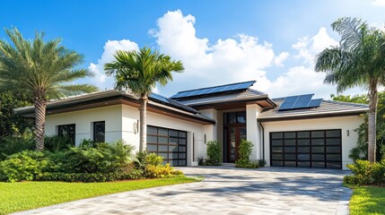 Fototapeta premium Modern residential home with solar panels tropical landscape exterior photography bright daylight contemporary design