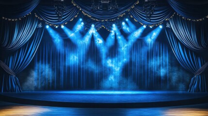 Dark blue velvet curtains on the stage, with ample copy space for text in the center of the picture.