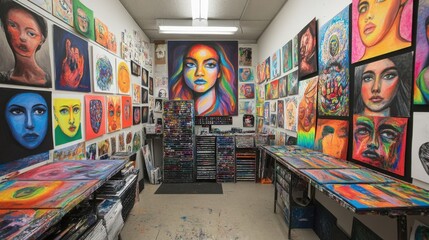 Obraz premium Vibrant Colorful Art Studio Filled with Abstract and Portrait Paintings on Display