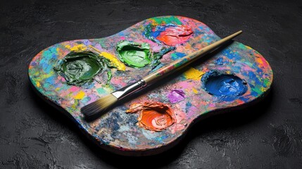 Fototapeta premium Artist s Palette with Paintbrush and Vibrant Oil Colors on Dark Background