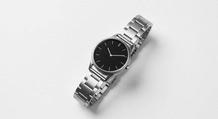 A silver wristwatch with a black dial sits on a white surface. The watch has a stainless steel band with a sleek, elegant design.