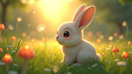 Adorable Baby Bunny in Enchanted Forest Surrounded by Mushrooms and Magical Dandelion Seeds – Cute Wildlife, Whimsical bunny, Fantasy Animal, Fairy Tale Scene, Dreamy Illustration, Storybook Easter 