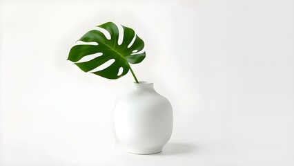 A Minimalist White Ceramic Vase with a Single Green Leaf