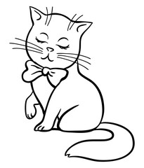 Cute cat with a bow on her neck. Domestic animal pet. Cartoon vector black and white illustration. Hand drawn outline