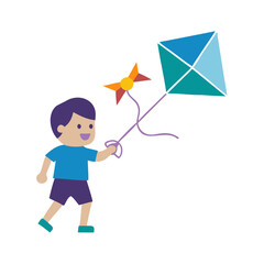 Joyful boy running with a colorful kite on a string in a bright outdoor setting
