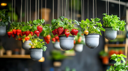 indoor farm with rows of hydroponic strawberries growing in suspended containers 