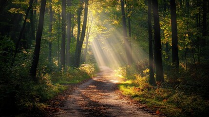 Naklejka premium Sunbeams through forest path