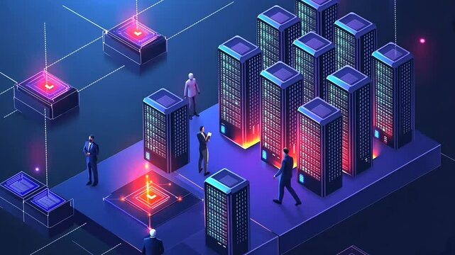 Isometric data center with server racks, network connections, and technicians