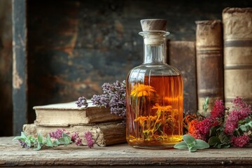 Glass bottle containing herbal tincture with medicinal flowers and herbs near old books on wooden table
