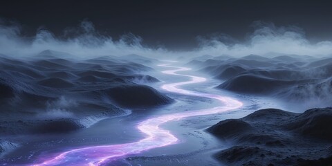 Fototapeta premium Glowing Lunar River Alien Landscape Wallpaper.
