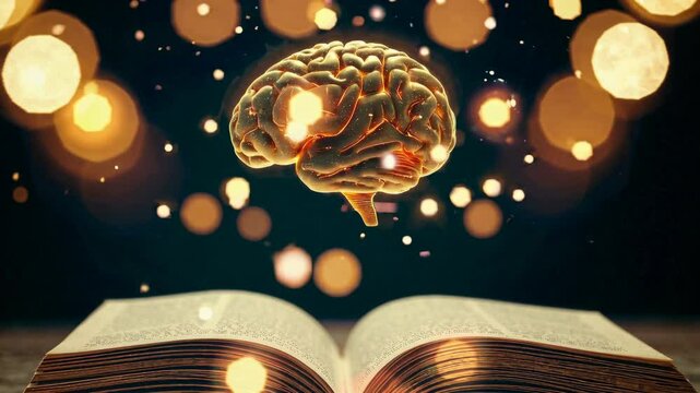 Open book lies on a table, and a golden brain emerges from its pages, surrounded by glowing particles, suggesting the power of knowledge and enlightenment
