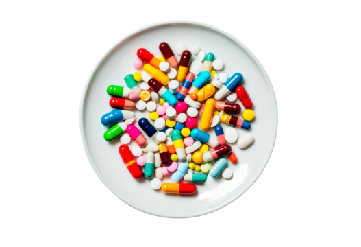 Colorful assortment of various pills and capsules on a white plate isolated on transparent background