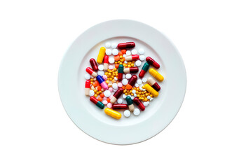 Various colorful pills and medicine arranged on a plate isolated on transparent background