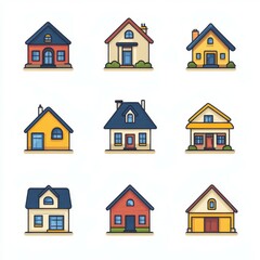 Different styles of houses represented in a grid format showcasing various architectural designs and colors