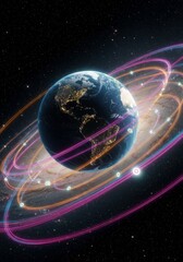 Obraz premium Planet earth with colorful rings in outer space - celestial visionary design for science and technology themes