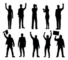 Silhouettes of protesting people in different poses. A collection of black silhouettes of men and women in various protesting poses, holding protest signs and  chanting slogans