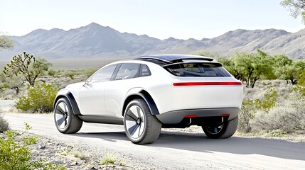 Fototapeta premium Futuristic Electric Vehicle Driving Through Expansive Desert Landscape with Mountain Backdrop
