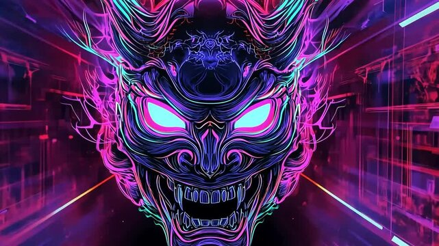 Oni mask glows vividly, surrounded by colorful neon lights, set against blurred lines