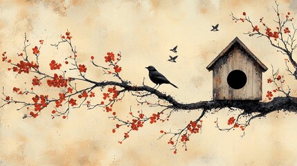 A minimalist design of a birdhouse perched