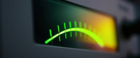 Close up of Audio VU Meter with Green Light Indication Showing Sound Level
