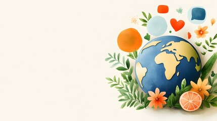 Global connections flat design globe illustration with social elements nature setting artistic concept
