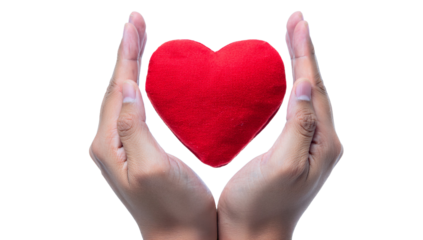 a pair of hands gently cradling a plush red heart, representing love, care, and support. The hands are cupped around the heart