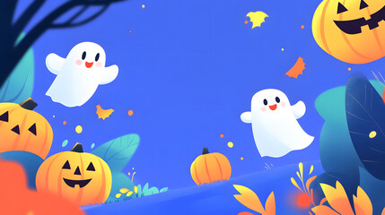 Obraz premium Halloween Ghost and Pumpkin Cartoon Illustration
