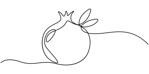 Vector illustration of a pomegranate. Drawing of a pomegranate with one continuous line, Pomegranate in Continuous single one line drawing.  One line drawing of fruit. Happy Shana Tova Fruit contour.