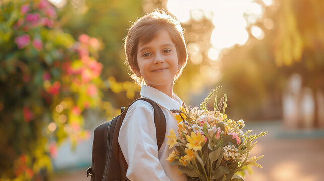 Boy with a bouquet of flowers and school backpack, Day of Knowledge  - Powered by Adobe