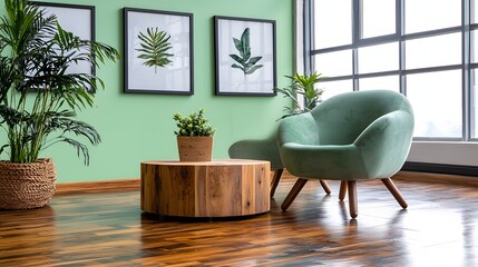 Cozy Minimalist Living Room with Green Walls and Wood Flooring Featuring Potted Plants and Artwork