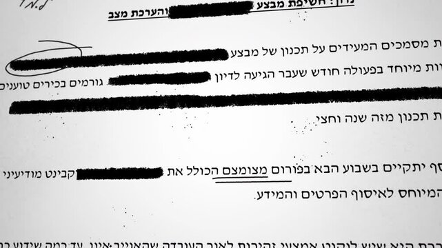 Hebrew document with classified looking text being censored with black lines. Top secret file as redaction erases lines hiding information from public. Military or government agency sensitive material
