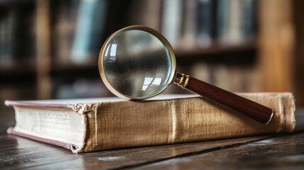 Antique Magnifying Glass on Vintage Book Library Research Close up Detail